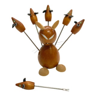 Vintage Mid-Century Wooden Cat & Mouse Cocktail Fork Set - 7 pcs For Sale