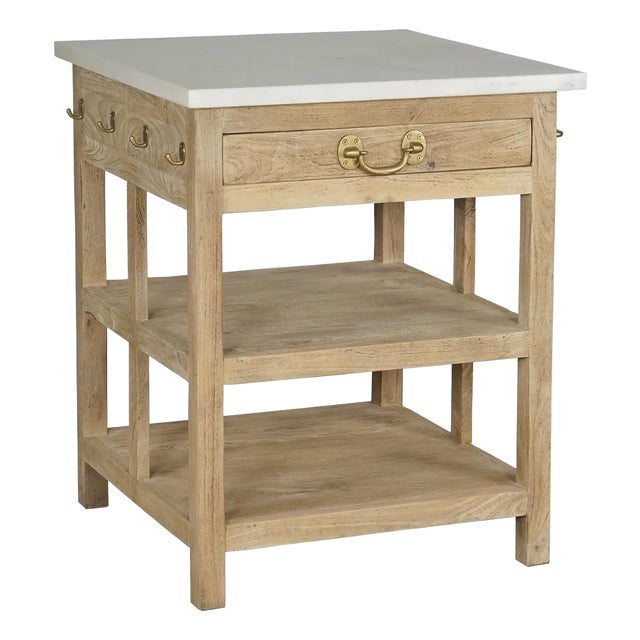 Matthew Izzo Home Cocina Bleached Mango Wood and Banswara Marble Top Kitchen Island Work Table For Sale