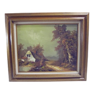 Signed Vintage Oil on Canvas Cottage Landscape Painting For Sale