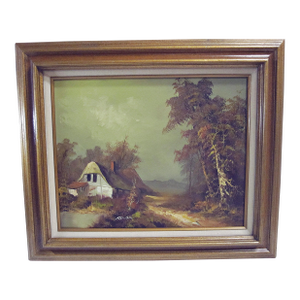 Signed Vintage Oil on Canvas Cottage Landscape Painting