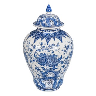 Hand-Painted Blue & White Ceramic Decorative Jar With Lid For Sale