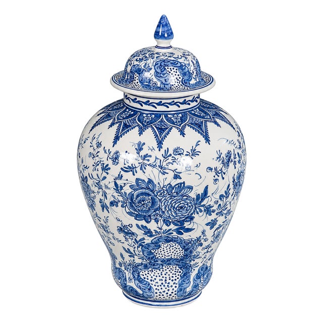 Hand-Painted Blue & White Ceramic Decorative Jar With Lid For Sale