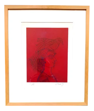 Corneille, Woman with Bird, 1980, Lithograph, Framed