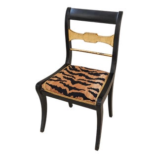 Black Neoclassical Accent Chair – Gold Leaf Details With Bold Tiger Print Upholstered Seat For Sale