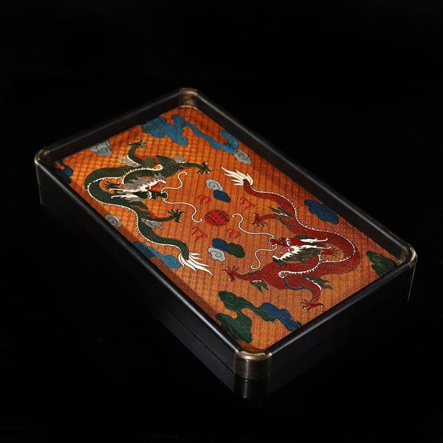 Vintage Ebony Wood Rectangular Tray With Cloisonné Double Dragon Panel For Sale - Image 4 of 9