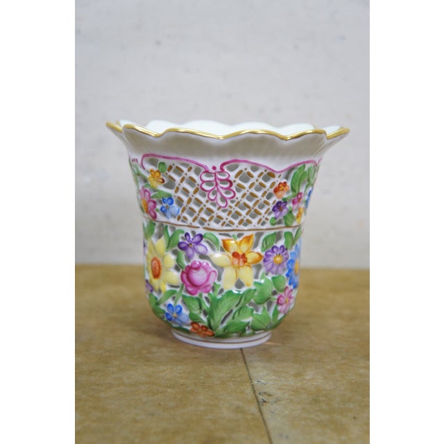 Herend Vintage Herend Hungary Handpainted Openwork Basketweave Pierced Porcelain Vase For Sale - Image 4 of 14