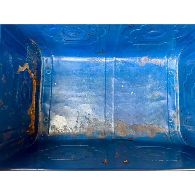 Antique Faux Bois Steel Steamer Trunk Chest Painted Wood Grain Blue Interior 23” For Sale - Image 15 of 16