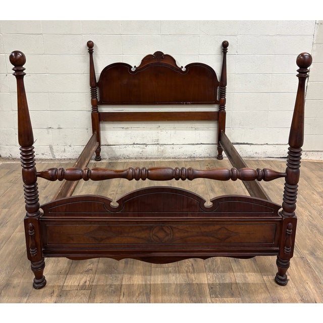 Art Deco Vintage Full Size Art Deco Art Nouveau Style Walnut Low Poster Cannonball Bed For Sale - Image 3 of 16