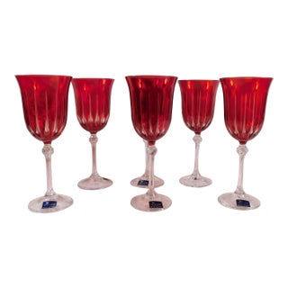1980s Le Sielle Lot of Six Pink Crystal Cut to Clear Water Goblets For Sale