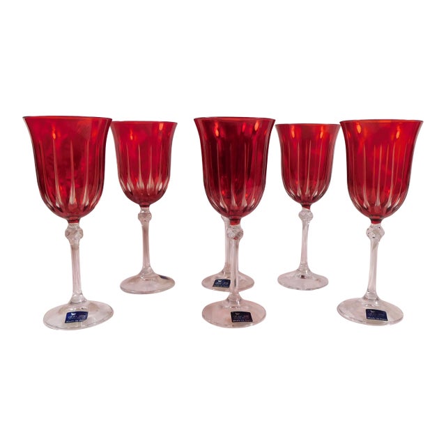 1980s Le Sielle Lot of Six Pink Crystal Cut to Clear Water Goblets For Sale