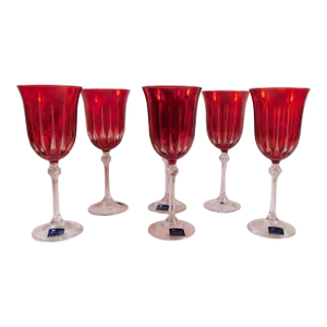 1980s Le Sielle Lot of Six Pink Crystal Cut to Clear Water Goblets