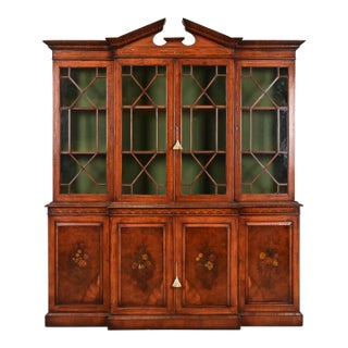 Baker Furniture Style Georgian Carved Mahogany Hand Painted Breakfront Bookcase Cabinet, Circa 1940s For Sale