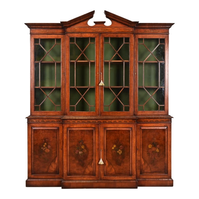 Baker Furniture Style Georgian Carved Mahogany Hand Painted Breakfront Bookcase Cabinet, Circa 1940s For Sale