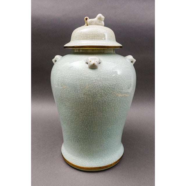 Mid 20th Century Maitland Smith Celadon Crackle Glazed Porcelain Foo Dogs Large Lidded Ginger Jar For Sale In Miami - Image 6 of 10