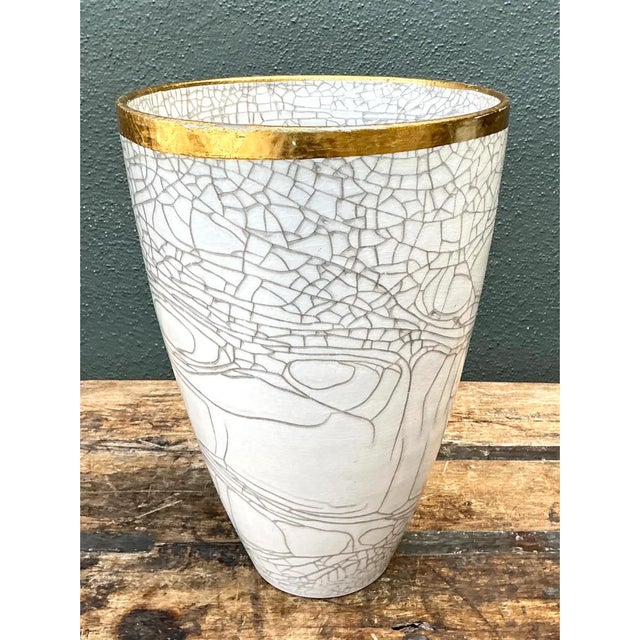 Vintage Italian Gold Rimmed Crackle Ceramic Vase For Sale - Image 11 of 12