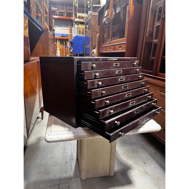 Antique Metal Eight Drawer Watchmaker’s Cabinet or Storage Drawers | E & J Swigart Co + Fancy Crystals B & B For Sale - Image 9 of 12