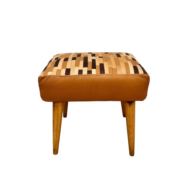 Mid-Century Modern Ottoman in Beach and Leather, 1950s For Sale - Image 4 of 9