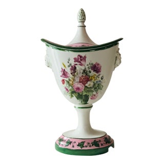 Neoclassical Lidded Urn With Lion Mask Handles Transferware, Italy, 20th C. For Sale