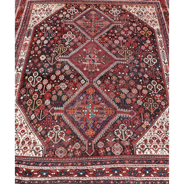 Early 20th Century Antique Hand-Knotted Persian Qashqai Rug in Wool With All-Over Tribal Design 6'0 X 7'3 For Sale - Image 5 of 13