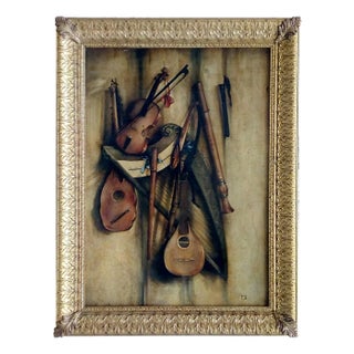 Francesca Strino, Italian Still Life of Musical Instruments, Oil on Canvas, Framed For Sale