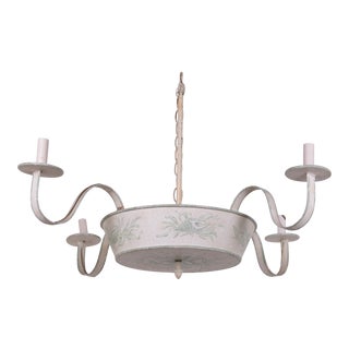 4 Arms French Ceiling Chandelier, Off White With Hand Painted Soft Green Floral/Leave Design For Sale