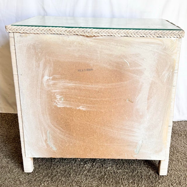 1980s Boho Chic White Washed Wicker Glass Top Chest of Drawers For Sale In Miami - Image 6 of 7