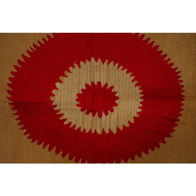 Uzbek Suzani Textile, Square Red and Camel Table Cover in Red Tones 4'2'' X 4'9'' For Sale - Image 10 of 16