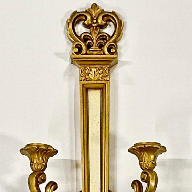 1960s 1969 Vintage Neoclassical French Empire Style Syroco Candle Holder Sconce, 2 Arm. For Sale - Image 5 of 10