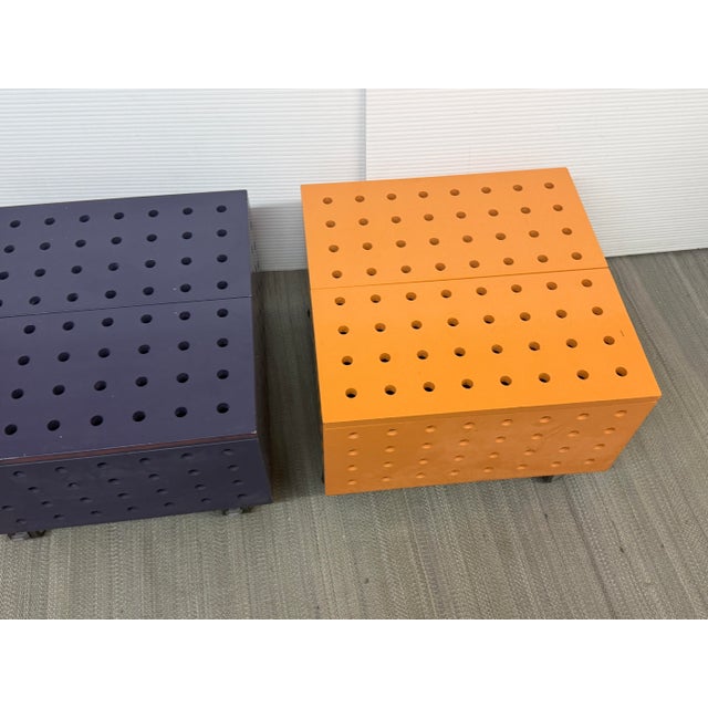 Purple Purple + Orange Peg Board Storage Tables on Casters, Set of Two For Sale - Image 8 of 12