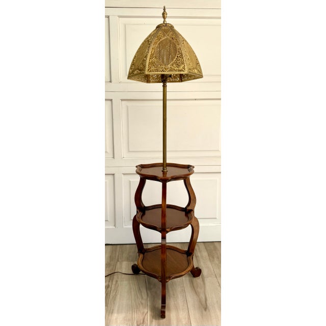 Mid 20th Century Tiered Wood Floor Lamp With Ornate Gold Filigree Shade For Sale - Image 9 of 12