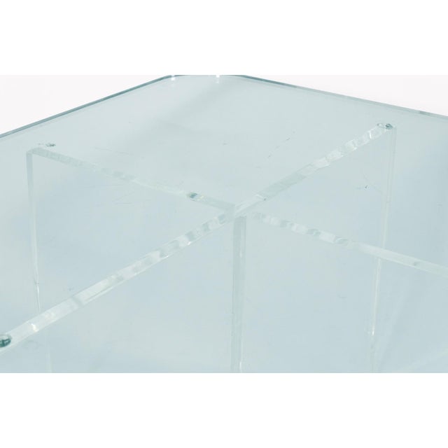 Mid-Century Modern Contemporary Modern X Shaped Base Lucite and Glass Rounded Square Coffee Table For Sale - Image 3 of 5