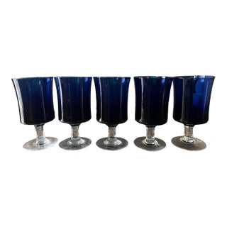 Early 20th Century Deep Blue Sasaki Wineglasses Coastal Decor Jewel Tones - Set of Five (5) For Sale