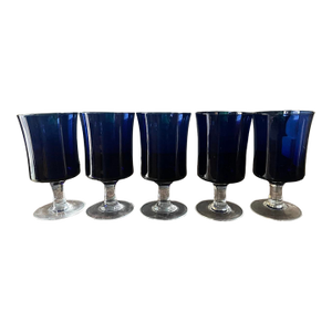 Early 20th Century Deep Blue Sasaki Wineglasses Coastal Decor Jewel Tones - Set of Five (5)