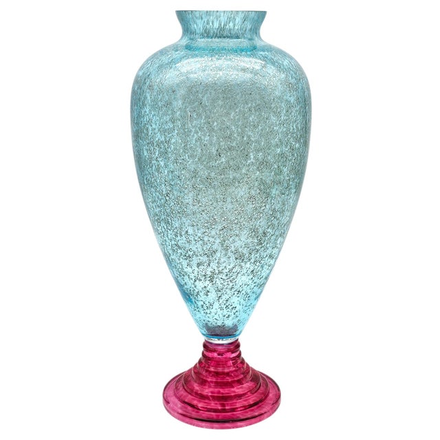 Tall Italian Art Glass Vase Aqua Controlled Bubble With Ruby Red Base Sculptural Murano Style 15" For Sale In San Francisco - Image 6 of 11
