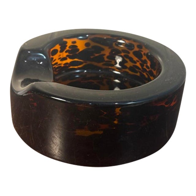 Murano Blown Glass Pocket Tortoise Shell Ashtray Amber W/ Brown,MCM, Heavy, VTG For Sale