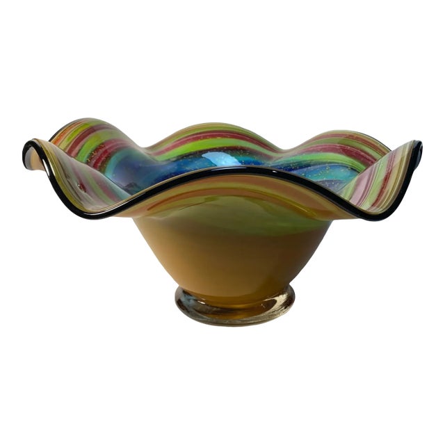 Murano Aventurine Fazzoletto Multicolor Vortex Art Glass Centerpiece Bowl For Sale