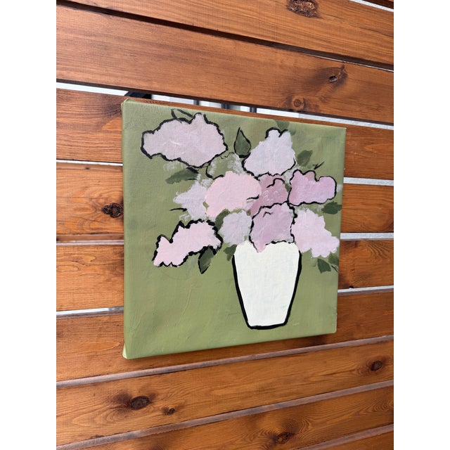 Pastel Floral Wall Art, Abstract Flower Painting in Soft Pink and Green, Modern Minimalist Botanical Art, Original Oil Painting, Neutral Home Decor For Sale - Image 4 of 5
