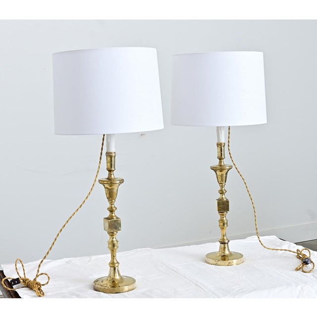 Vintage French Brass Candlestick Lamps - a Pair For Sale - Image 11 of 12