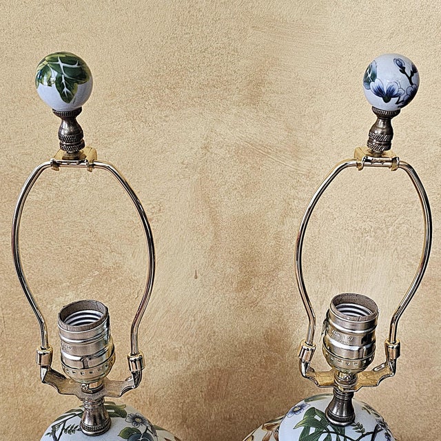 Vintage Chinoiserie Porcelain Bird & Floral Table Lamps With Shades - a Pair For Sale - Image 12 of 18