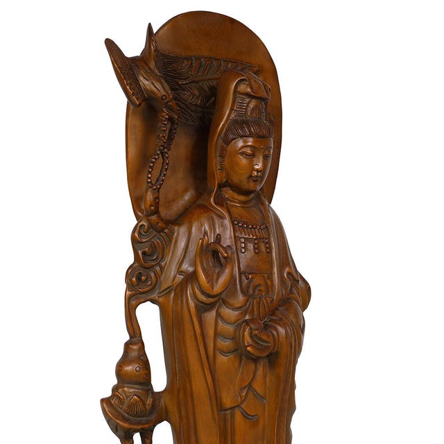 1930s Chinese Carved Guan Yin Statuary, Boxwood, Antique, Circa 1900-1940 For Sale - Image 5 of 11