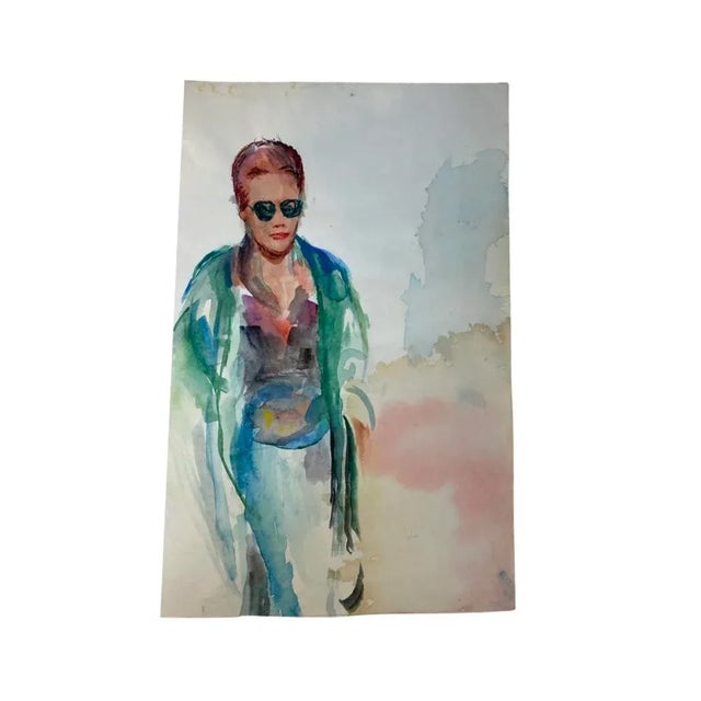 Figurative Vintage Expressionist Figurative Watercolor Painting of a Stylish Woman, Circa 1980’s For Sale - Image 3 of 7