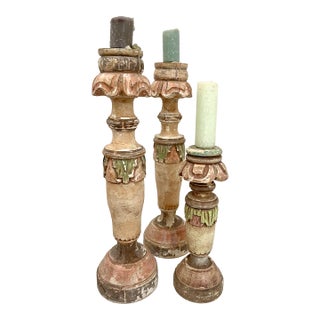 Romantic Trio - Distressed Painted Wooden Candleholders For Sale