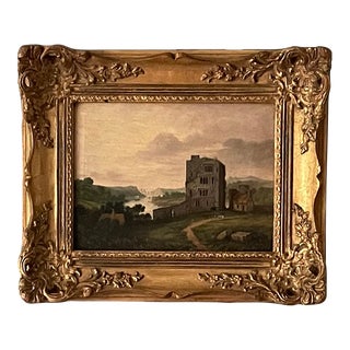 Hudson River School - Mid 19th Century Oil on Board (Cigar Box Lid) - River Landscape With Ruins For Sale