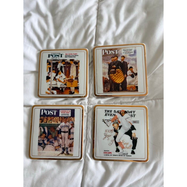 Traditional Norman Rockwell Ceramic Baseball Coaster Set For Sale - Image 3 of 11