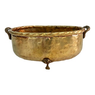 Vintage Hammered Brass Cachepot Planter With Paw Feet and Decorative Handles For Sale