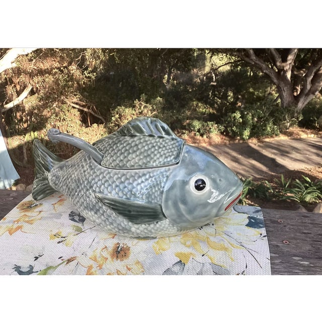 Ceramic Vintage Majolica Fish Tureen With Ladle | 1950s For Sale - Image 7 of 9