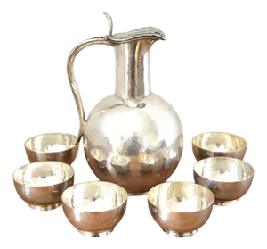 Silver Liqueur Carafe with 6 Drinking Cups, 1950s, Set of 7