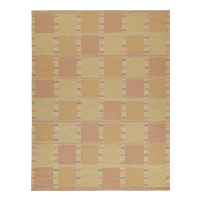 Rug & Kilim’s Scandinavian Style Kilim in Gold and Pink Geometric Pattern 3x12 For Sale