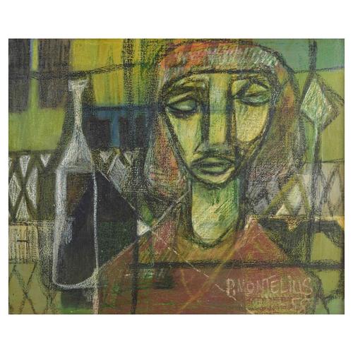 Pelle Montelius, Modern Composition with Figure and Bottle, 1958, Oil on Canvas For Sale - Image 6 of 6
