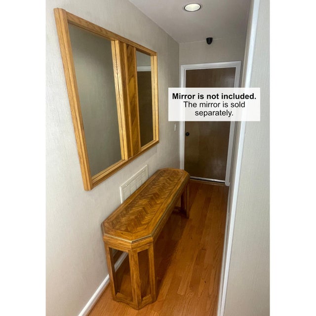 Art Deco Inspired Herringbone Parquet Top Gold Trim Oak Console Table For Sale - Image 6 of 9